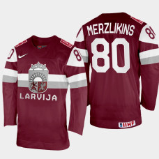 Latvijas #80 Elvis Merzlikins 2022 IIHF World Championship Maroon Away Jersey