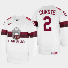 Latvijas #2 Karlis Cukste 2022 IIHF World Championship White Home Jersey