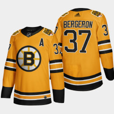 Men Boston Bruins Patrice Bergeron #37 2021 Season Reverse Retro Authentic Gold Jersey