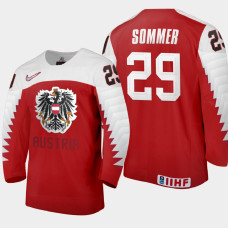 Men Austria Team Leon Sommer #29 2021 IIHF World Junior Championship Away Red Jersey