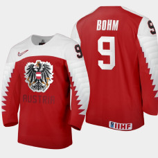 Men Austria Team Mathias Bohm #9 2021 IIHF World Junior Championship Away Red Jersey