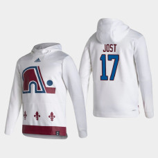 Men's Colorado Avalanche Tyson Jost #17 2021 Reverse Retro Authentic Pullover Special Edition White Hoodie