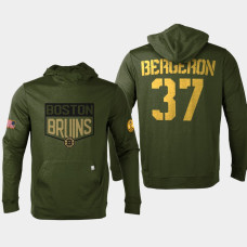 Boston Bruins #37 Patrice Bergeron 2022 Salute to Service Olive Pullover Hoodie Levelwear