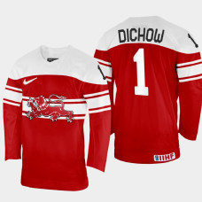 Denmark #1 Frederik Dichow 2022 IIHF World Championship Red Away Jersey