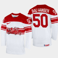 Denmark #50 Mathias Bau Hansen 2022 IIHF World Championship White Home Jersey