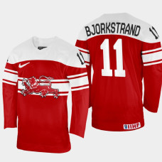 Denmark #11 Patrick Bjorkstrand 2022 IIHF World Championship Red Away Jersey