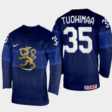 Finland #35 Frans Tuohimaa 2022 IIHF World Championship Navy Away Jersey