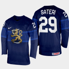 Finland #29 Harri Sateri 2022 IIHF World Championship Navy Away Jersey