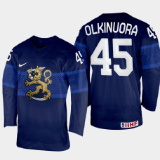 Finland #45 Juho Olkinuora 2022 IIHF World Championship Navy Away Jersey