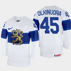 Finland #45 Juho Olkinuora 2022 IIHF World Championship White Home Jersey