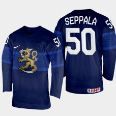 Finland #50 Mikael Seppala 2022 IIHF World Championship Navy Away Jersey