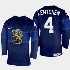 Finland #4 Mikko Lehtonen 2022 IIHF World Championship Navy Away Jersey