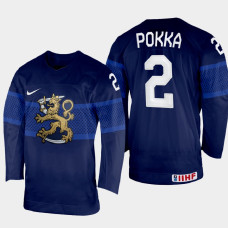 Finland #2 Ville Pokka 2022 IIHF World Championship Navy Away Jersey