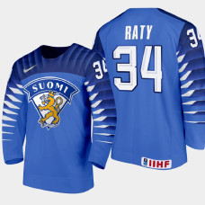 Men Finland Team Aku Raty #34 2021 IIHF World Junior Championship Away Blue Jersey