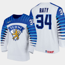 Men Finland Team Aku Raty #34 2021 IIHF World Junior Championship Home White Jersey