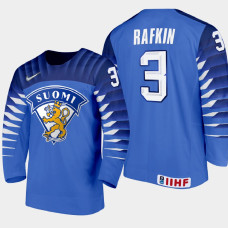 Men Finland Team Ruben Rafkin #3 2021 IIHF World Junior Championship Away Blue Jersey