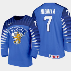 Men Finland Team Topi Niemela #7 2021 IIHF World Junior Championship Away Blue Jersey