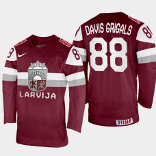 Latvijas #88 Gustavs Davis Grigals 2022 IIHF World Championship Maroon Away Jersey