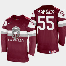 Latvijas #55 Roberts Mamcics 2022 IIHF World Championship Maroon Away Jersey