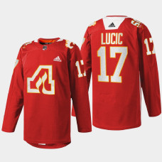 Milan Lucic Calgary Flames 50th Anniversary 2022 Red #17 Jersey Warm-Up