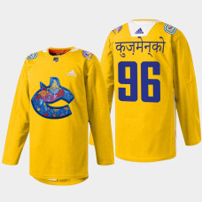 Andrei Kuzmenko Vancouver Canucks Diwali Night 2022 Yellow #96 Jersey Warmup