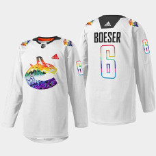 Brock Boeser Vancouver Canucks Pride Night 2022 White #6 Jersey Mio Artwork Warmup