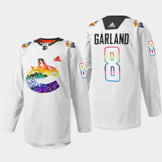 Conor Garland Vancouver Canucks Pride Night 2022 White #8 Jersey Mio Artwork Warmup