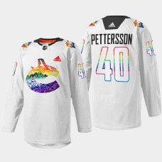 Elias Pettersson Vancouver Canucks Pride Night 2022 White #40 Jersey Mio Artwork Warmup