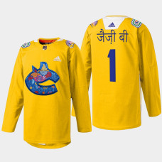 Jazzy B Vancouver Canucks Diwali Night 2022 Yellow #1 Jersey Warmup