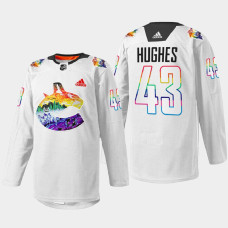 Quinn Hughes Vancouver Canucks Pride Night 2022 White #43 Jersey Mio Artwork Warmup