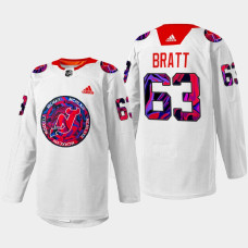 Jesper Bratt New Jersey Devils Gender Equality Night 2022 White #63 Jersey Warm-up