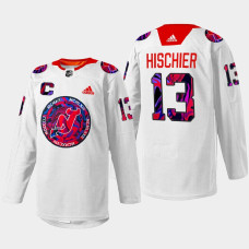 Nico Hischier New Jersey Devils Gender Equality Night 2022 White #13 Jersey Warm-up