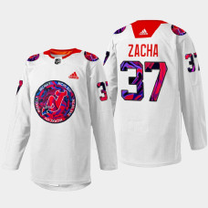 Pavel Zacha New Jersey Devils Gender Equality Night 2022 White #37 Jersey Warm-up