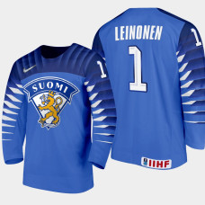 Finland IIHF Goalkeeper Topias Leinonen Blue 2022 NHL Draft Jersey