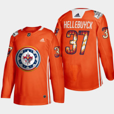 Connor Hellebuyck Winnipeg Jets 2022 WASAC Night Orange #37 Jersey Indigenous Warmup