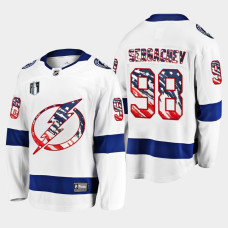 Mikhail Sergachev Tampa Bay Lightning 4th of July 2022 White #98 Jersey Stars Stripes Flag