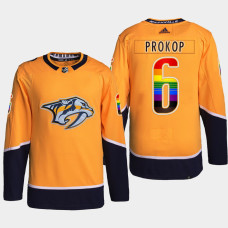 Luke Prokop Nashville Predators LGBTQ Pride 2022 Gold #6 Jersey 1st Gay