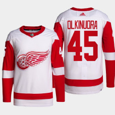 Jussi Olkinuora #45 Detroit Red Wings White Jersey 2022 Away World Champs MVP