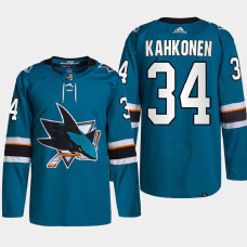 San Jose Sharks Kaapo Kahkonen Teal Primegreen Authentic Pro Home Jersey 2022