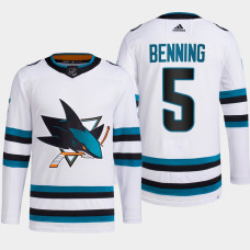 Matt Benning #5 San Jose Sharks White Jersey 2022-23 Away Primegreen Authentic