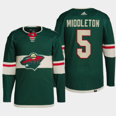 Jacob Middleton #5 Minnesota Wild Green Jersey 2022 Home Primegreen Authentic Pro