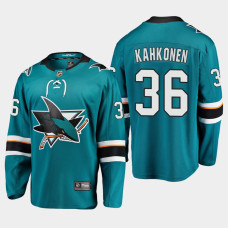 Men San Jose Sharks Kaapo Kahkonen #36 Home 2022 Breakaway Player Teal Jersey