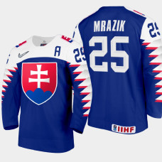 Men Slovakia Team Michal Mrazik #25 2021 IIHF World Junior Championship Away Blue Jersey