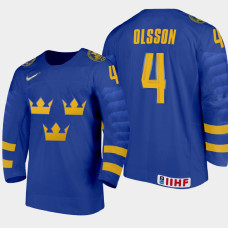 Men's Sweden Anton Olsson #4 2021 IIHF U18 World Championship Away Blue Jersey