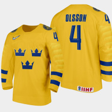 Men's Sweden Anton Olsson #4 2021 IIHF U18 World Championship Home Gold Jersey