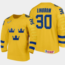 Men's Sweden Carl Lindbom #30 2021 IIHF U18 World Championship Home Gold Jersey