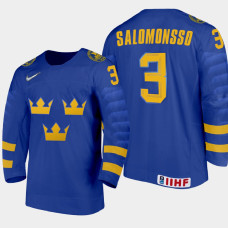 Men's Sweden Elias Salomonsson #3 2021 IIHF U18 World Championship Away Blue Jersey