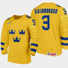 Men's Sweden Elias Salomonsson #3 2021 IIHF U18 World Championship Home Gold Jersey