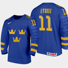 Men's Sweden Fabian Lysell #11 2021 IIHF U18 World Championship Away Blue Jersey