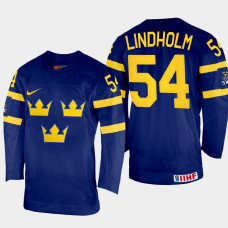 Sweden #54 Anton Lindholm 2022 IIHF World Championship Navy Away Jersey